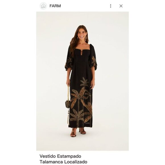 NWOT Farm Rio Maxi Dress Size M Black Print Puff Sleeves Plant Short Sleeve - Picture 2 of 14